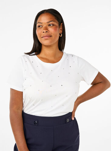 Zizzi T-shirt en coton avec strass, Bright White, Model image number 0