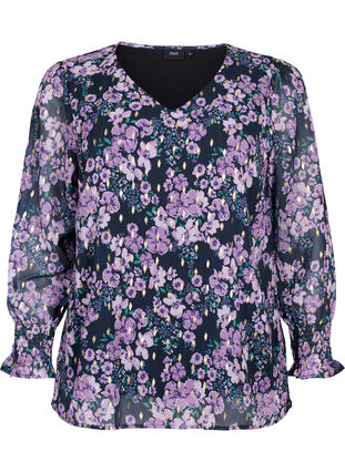 Zizzi Blouse à fleurs à manches longues et col en V, Black Small Fl. AOP, Packshot image number 0