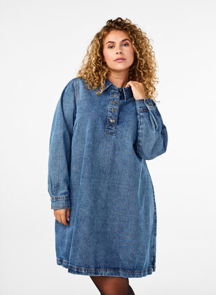 Zizzi Robe courte en denim, manches longues, forme trapèze, Blue Denim, Model image number 0