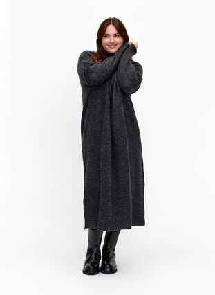 Zizzi Robe longue oversize en tricot avec fente, Dark Grey Melange, Model image number 0