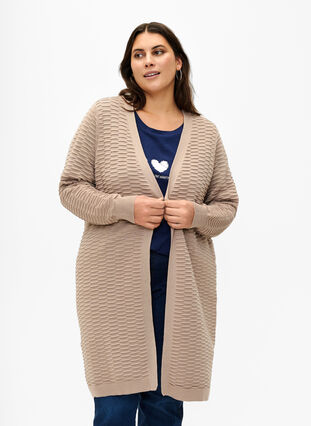 Zizzi Cardigan en tricot en mélange de coton et de viscose, Simply Taupe, Model image number 0