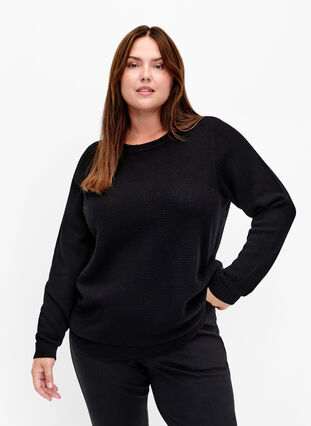 Zizzi Blouse en coton tricoté avec structure, Black, Model image number 0