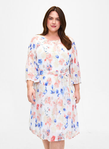 Zizzi Robe plissée imprimée avec lien à nouer, White/Blue Floral, Model image number 0