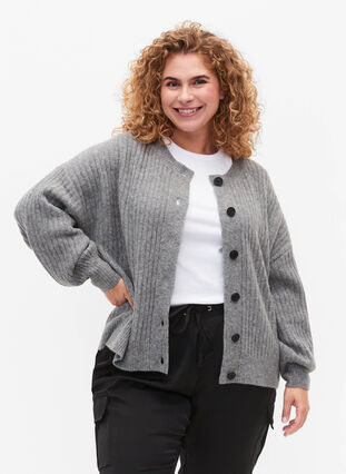 Zizzi Cardigan tricoté côtelé avec boutons, Medium Grey Melange, Model image number 0