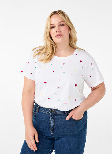 Zizzi T-shirt en coton bio avec citrons, White Heart Emb., Model image number 0