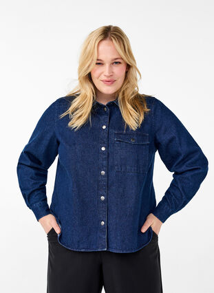 Zizzi Veste en jean avec poche de poitrine, Unwashed Denim, Model image number 0