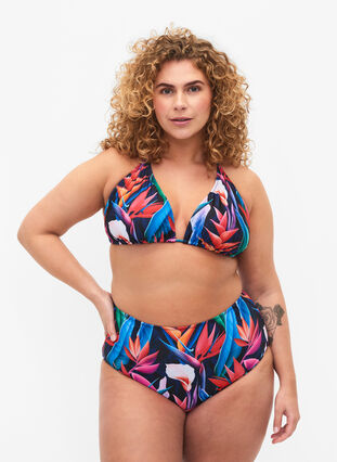 Zizzi Bas de bikini à imprimé et taille haute, Bright Leaf, Model image number 0