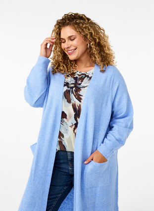 Zizzi Long cardigan tricoté avec poches, Cornflower Blue Mel., Model image number 2