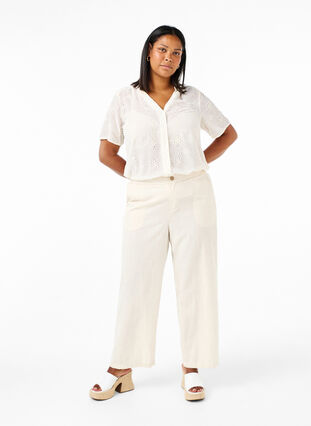 Zizzi Pantalon taille haute en coton et en lin, Whitecap Gray, Model image number 0