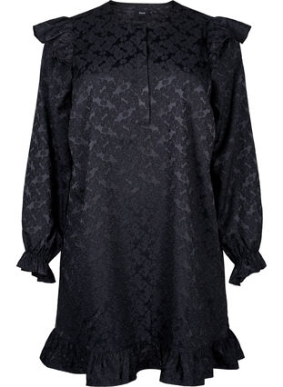 Zizzi Robe en jacquard avec des manches longues et des détails à volants, Black, Packshot image number 0