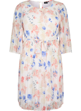 Zizzi Robe plissée imprimée avec lien à nouer, White/Blue Floral, Packshot image number 0