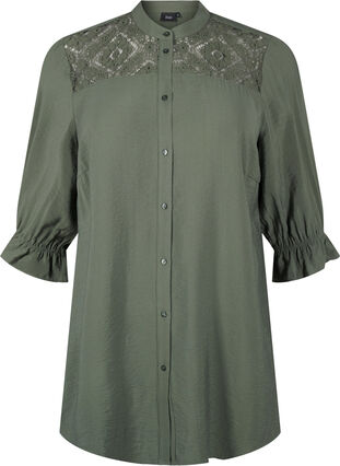 Zizzi Chemise longue en viscose avec détail en dentelle, Thyme, Packshot image number 0