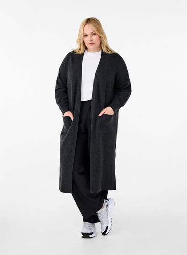 Zizzi Long cardigan tricoté avec poches, Dark Grey Melange, Model image number 0