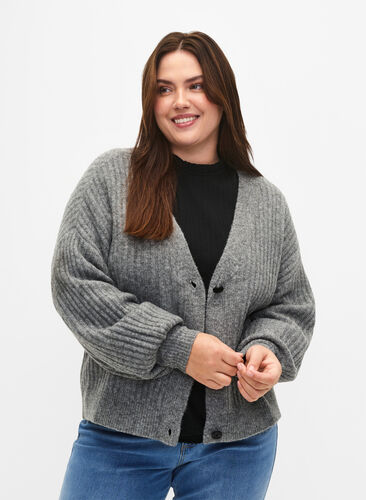 Zizzi Cardigan mélangé en tricot côtelé, Light Grey Melange, Model image number 0