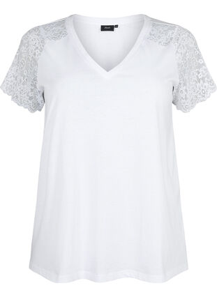 Zizzi T-shirt en coton à manches courtes en dentelle, Bright White, Packshot image number 0