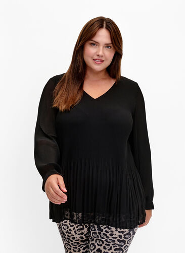 Zizzi Blouse plissée à manches longues avec col en V, Black, Model image number 0