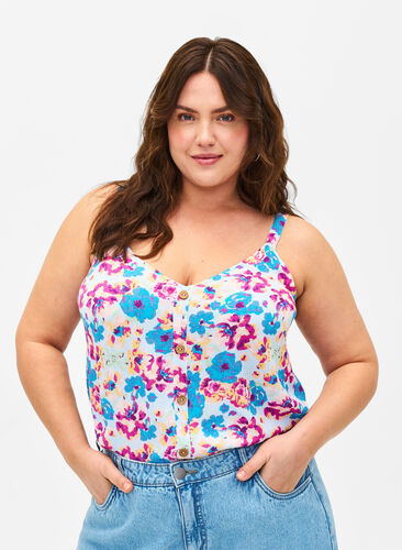 Zizzi Top à bretelles fleuri en viscose, Multi Flower AOP, Model image number 0