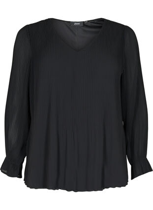 Zizzi Blouse plissée à manches longues avec col en V, Black, Packshot image number 0