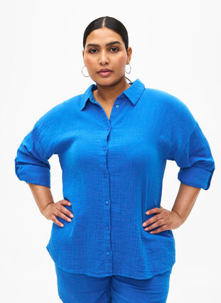 Zizzi Chemise avec col en mousseline de coton, Victoria blue, Model image number 0