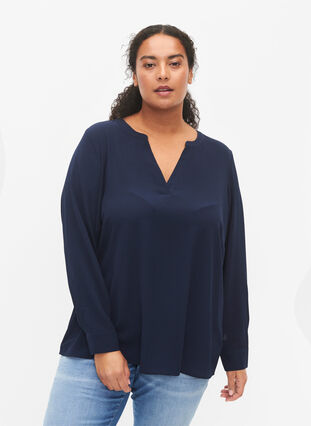 Zizzi Blouse à manches longues avec détails en dentelle , Navy Blazer, Model image number 0