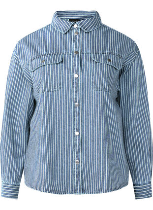 Zizzi Chemise en jean rayée avec poches de poitrine, Light B.Denim Stripe, Packshot image number 0