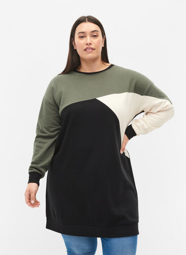 Zizzi Long sweat-shirt avec colorblock, Black Color Block, Model image number 0