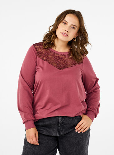 Zizzi Sweatshirt avec ornements en dentelle, Rose Brown, Model image number 0