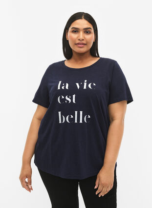 Zizzi T-shirt en coton avec imprimé texte, Night Sky W. La, Model image number 0