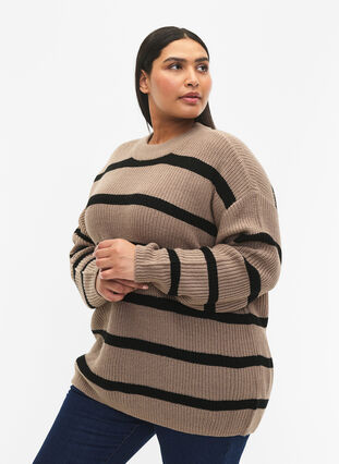 Zizzi FLASH - Pull en tricot rayé, Fungi/Black Stripe, Model image number 0