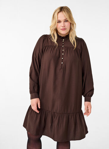 Zizzi Robe courte avec col à volants, Seal Brown, Model image number 0