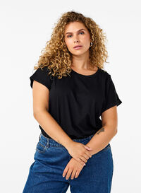 T-shirt à manches courtes en coton mélangé, Black, Model