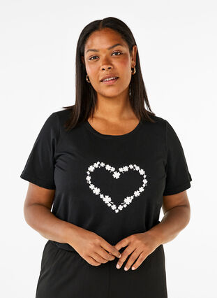 Zizzi FLASH - T-shirt avec motif, Black Flower Heart , Model image number 0