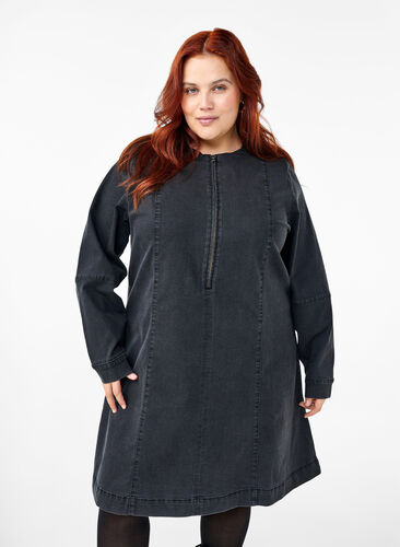 Zizzi Robe en jean forme trapèze avec fermeture éclair, Grey Washed, Model image number 0