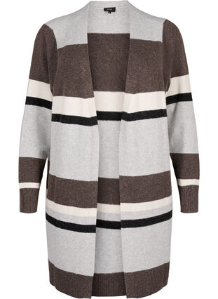 Zizzi Cardigan long en tricot avec rayures larges, Light Grey Mel.Comb, Packshot image number 0