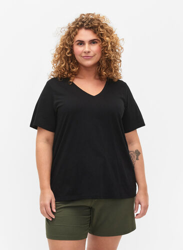 Zizzi T-shirt basique à manches courtes avec col en V, Black, Model image number 0