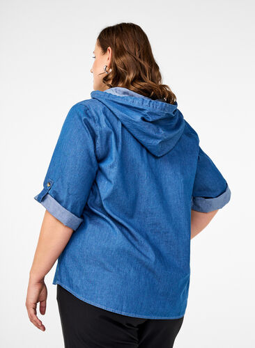 Zizzi Chemisier en denim avec capuche, Medium Blue Denim, Model image number 1