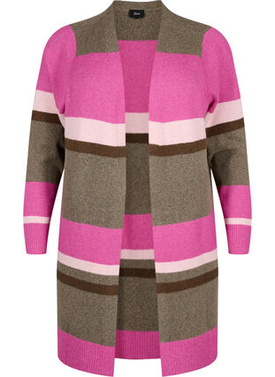 Zizzi Cardigan long en tricot avec rayures larges, Fuchsia Red Mel.Comb, Packshot image number 0