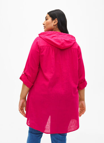 Zizzi Tunique à capuche en coton et lin, Bright Rose, Model image number 1