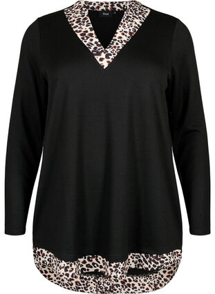 Zizzi Blouse à manches longues avec un aspect chemisier, Black Leo AOP, Packshot image number 0