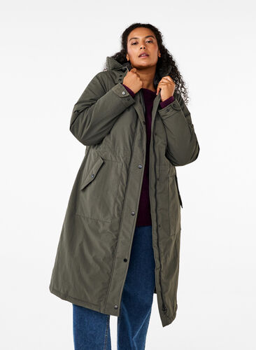 Zizzi Parka avec capuche et taille réglable, Black Olive, Model image number 0