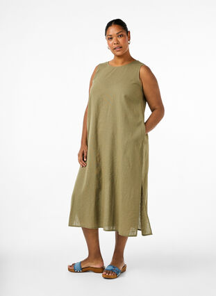 Zizzi Robe sans manches en mélange de coton avec du lin, Deep Lichen Green, Model image number 0