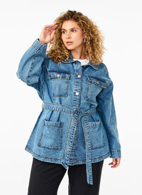 Veste en jean avec une ceinture à nouer, Blue Denim, Model