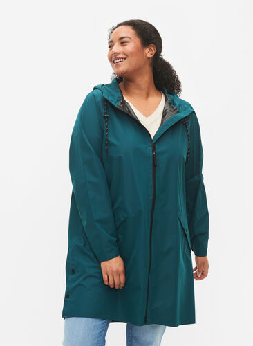 Zizzi Veste de pluie avec poches et capuche, Deep Teal, Model image number 0