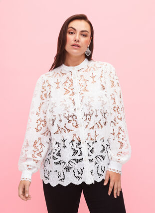 Zizzi Blouse façon chemise à manches longues en dentelle, White, Model image number 0