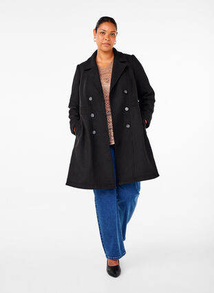 Zizzi Manteau en laine coupe A avec poches, Black, Model image number 3