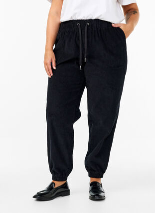 Zizzi Pantalon en velours côtelé avec ceinture élastique, Black, Model image number 2