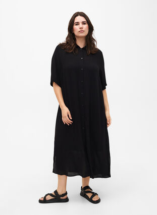 Zizzi Robe chemise à manches courtes en viscose, Black, Model image number 0