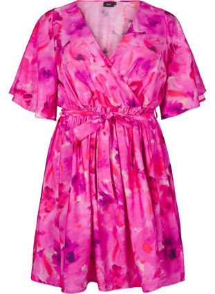 Zizzi Robe portefeuille mi-longue à imprimé floral, Pink Rose AOP, Packshot image number 0