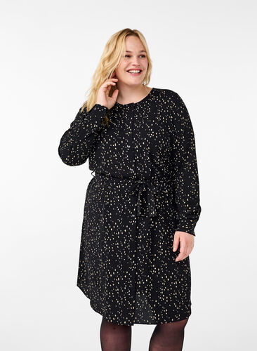 Zizzi Robe à manches longues avec cordon de serrage, Black w. Dot AOP, Model image number 0