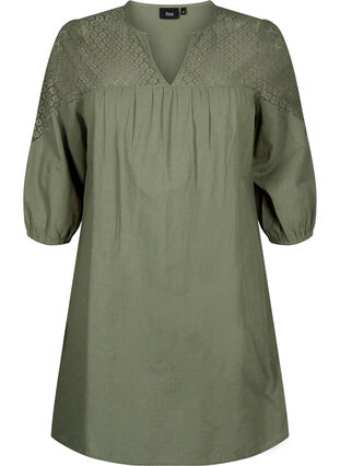 Zizzi Robe en mélange de coton et de lin agrémentée de détails en crochet, Deep Lichen Green, Packshot image number 0